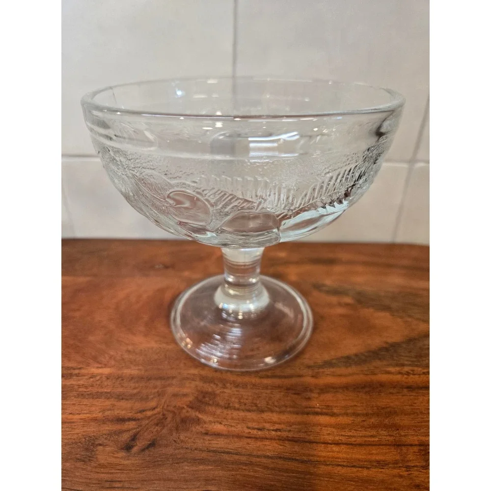 Vintage French Clear Pressed Glass Footed Dessert Coupe Embossed Leaf Berry Bowl
